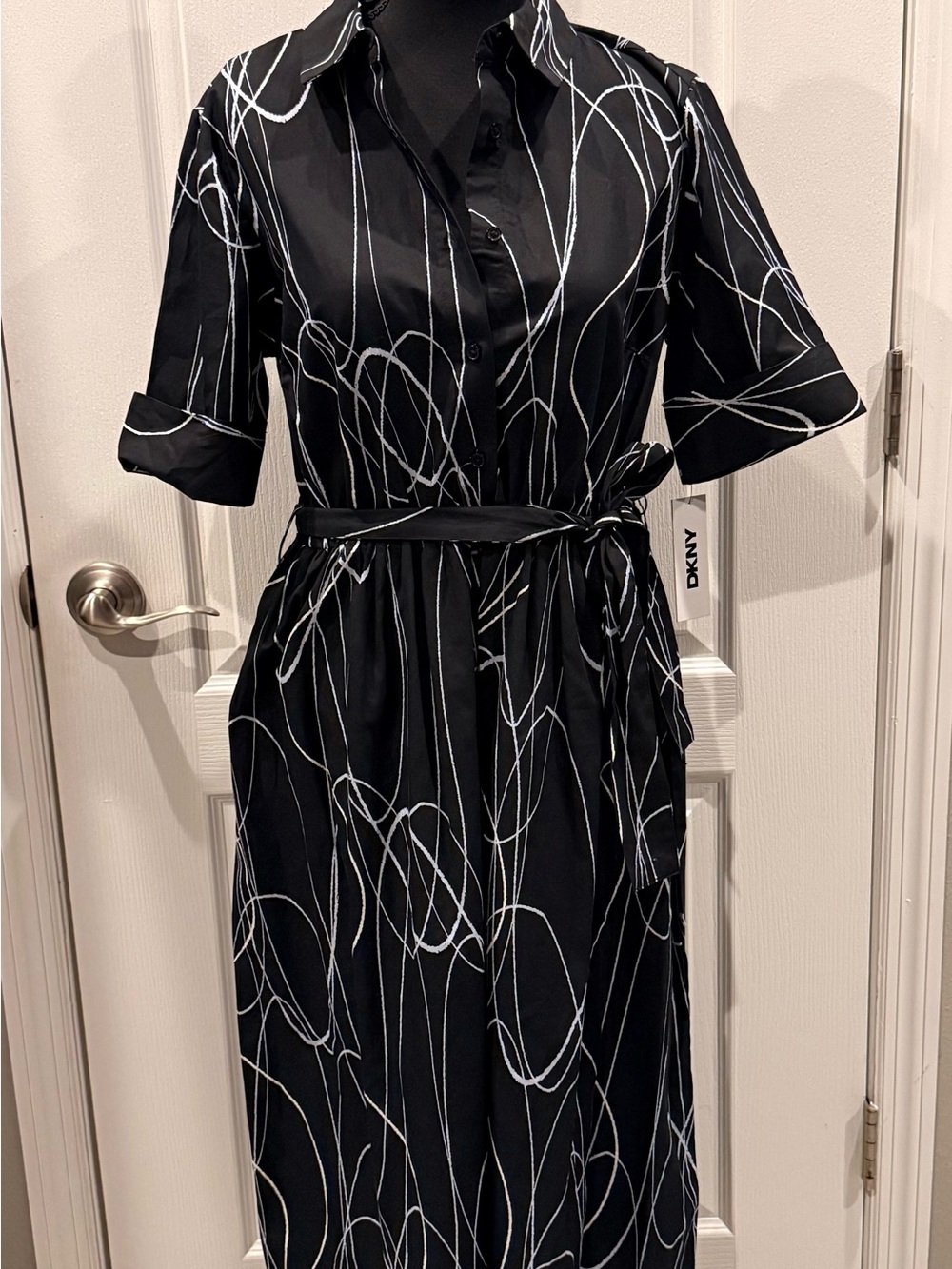 DKNY Black Midi Shirt Dress with White Abstract Scribble Print